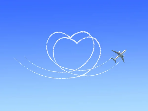 Aircraft draw a heart in the clear blue sky. Flight route of aircraft in shape of a heart. Love concept for traveling the world. Copy space for text