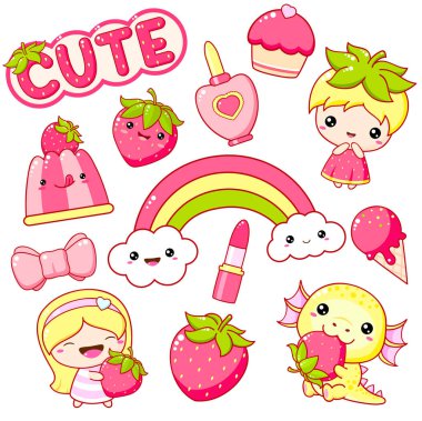 Çilek koleksiyonu. Bir kawaii yaz çıkartması seti. Olgun çilekli küçük kız ve ejderha, gökkuşağı, ruj, kek, dondurma. Güzel yaz kiti. Vektör EPS8