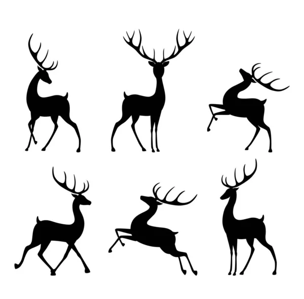 Collection Silhouettes Wild Deers Set Black Silhouette Cartoon Deer Different — Stock Vector