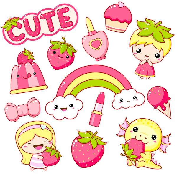 Aardbeienverzameling Set Van Kawaii Zomertijd Stickers Meisje Draak Met Rijpe — Stockvector