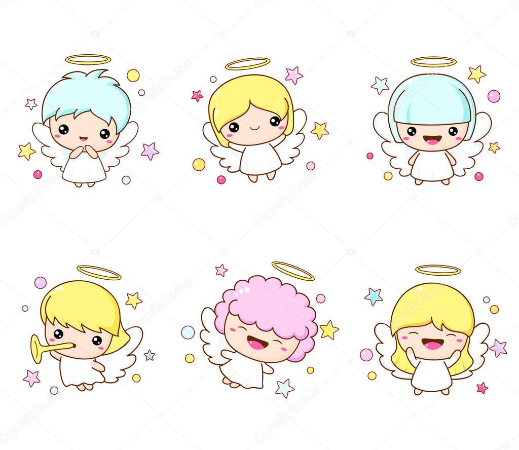 Set of little xmas angels in kawaii style. Cute Christmas angel collection. Vector EPS8