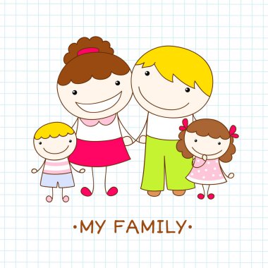 Mutlu aile ile vektör illüstrasyonu. Neşeli bir aile. Anne, baba, oğul ve kız. Karalama tarzında çiz. EPS8