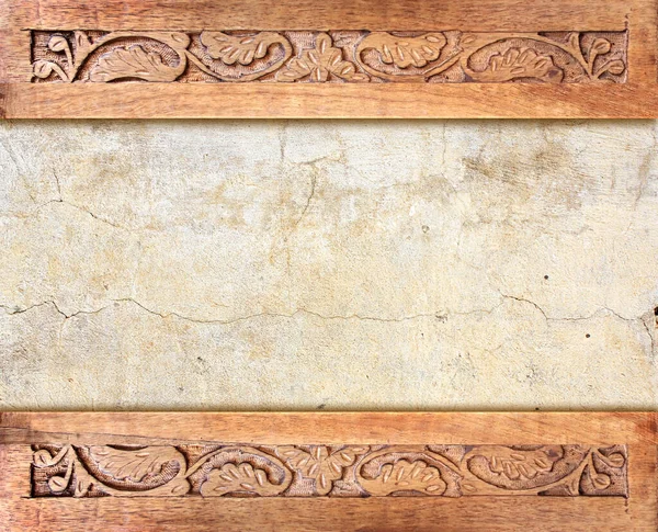 Fondo Horizontal Con Textura Pared Estuco Marco Madera Adorno Floral — Foto de Stock