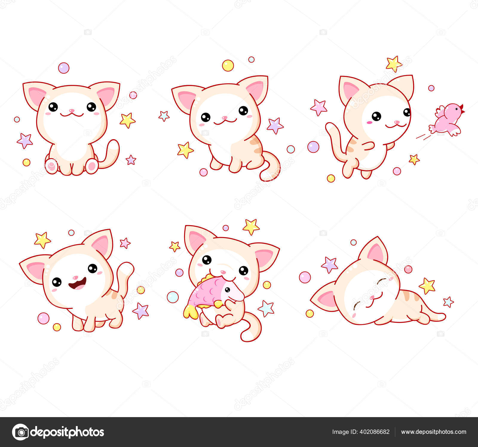 Cute funny cats set various emotions. Kawaii style emoticon icon