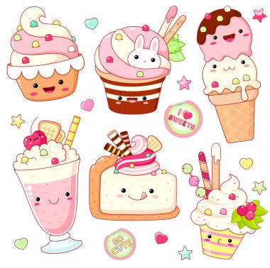 Kawaii tarzında, gülen yüzlü ve tatlı tasarım için pembe yanaklı şirin ikonlar. Dondurma, pasta, dondurmacı çocuklar, kek, meyve kokteyli. EPS8  