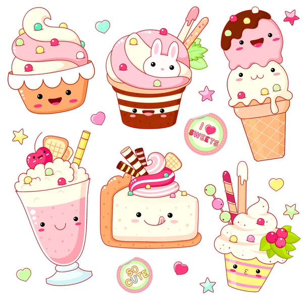 笑顔とピンクの頬がかわいいかわいいかわいいアイコンのセットで甘いデザイン アイスクリーム ケーキ サンデーキッズ カップケーキ フルーツカクテル Eps8 — ストックベクタ