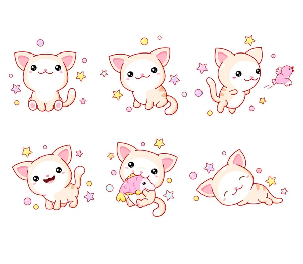 Sada Kawaiských Koček Různých Pózách Krásná Šťastná Kočička Skákání Jezení — Stockový vektor