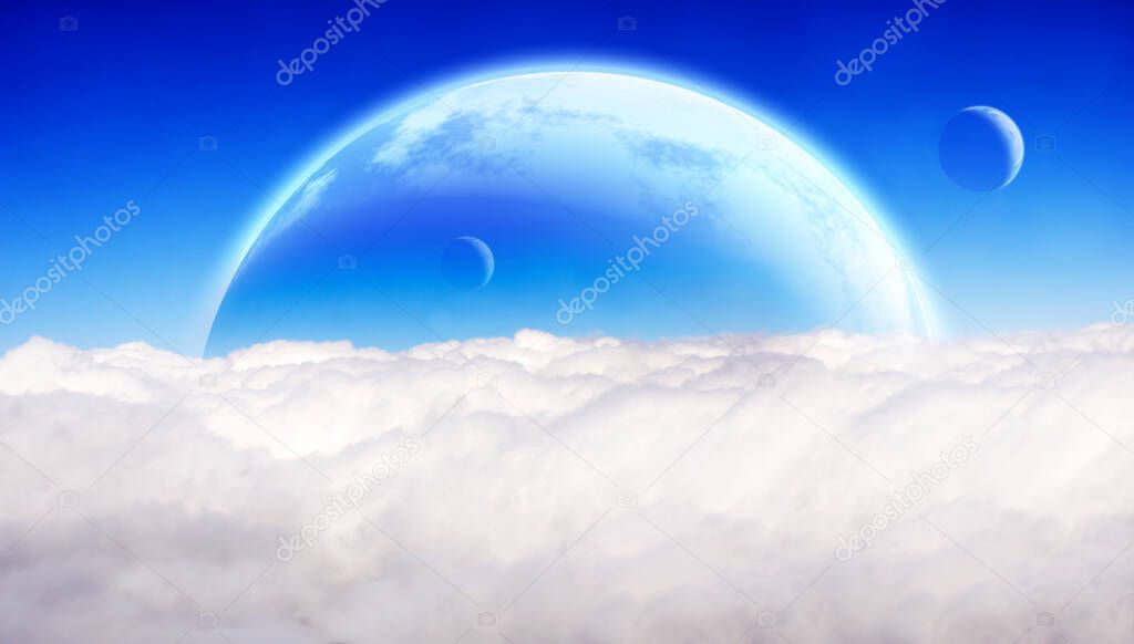 Horizontal banner with fantastic blue sky, white clouds and three planets. 3d render