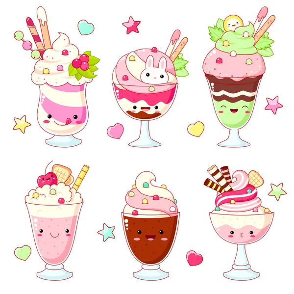 一组可爱的甜图标 卡瓦风格 笑脸和粉红的脸颊为甜蜜的设计 冰淇淋 圣代儿童 杯蛋糕 水果和牛奶鸡尾酒 矢量说明Eps8 — 图库矢量图片
