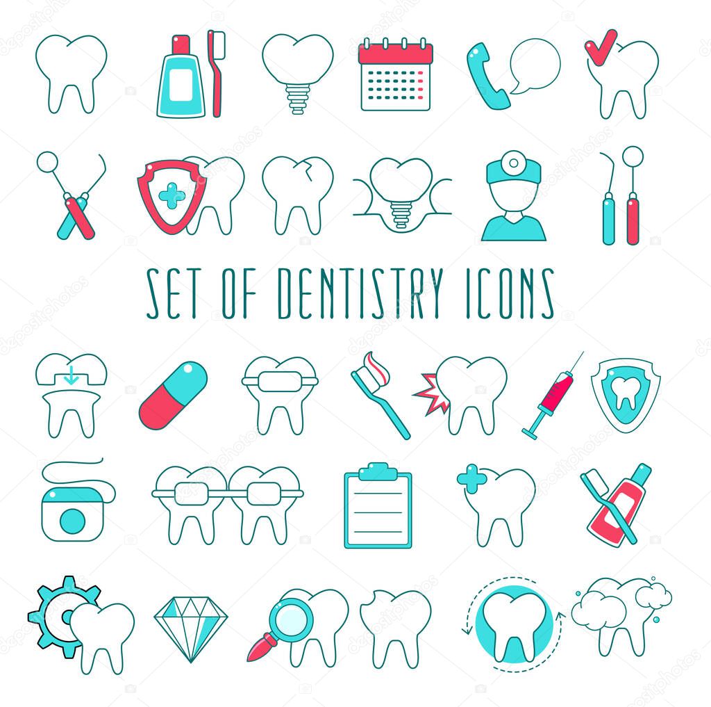 Dentistry, Healthcare and Medicine Line Icons collection. Vector set of flat graphic icon. Dental treatment, prosthetics, teeth whitening, removal, implant. EPS8