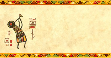 Müzisyen ve klasik kağıt dokusuyla yatay afiş. Geleneksel Afrika desenleri ve sarı kağıt desenli Grunge arkaplanı. Metnin için boşluk kopyala