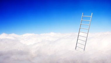 Başarı Merdiveni Konsepti. Mavi gökyüzü arka planında bulutlarda merdiven bulunan yatay pankart. Cennete giden adımlar. Stairway to Heaven ile muhteşem bir sahne. Şablon oluşturun. Uzayı metin için kopyala. 3d hazırlayıcı