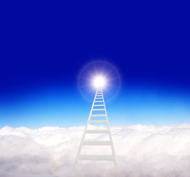 Başarı Merdiveni Konsepti. Mavi gökyüzü arka planında bulutlarda merdiven bulunan yatay pankart. Cennete giden adımlar. Stairway to Heaven ile muhteşem bir sahne. Uzayı metin için kopyala. 3d hazırlayıcı