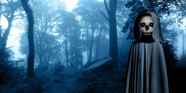 ハロウィンシーンと水平バナー 輝く赤い燃える頭蓋骨の目を持つフード付きのマントの不気味なモンスター 霧の森の風景の中に恐ろしい幽霊 写真は青でトーン 3Dレンダリング — ストック写真