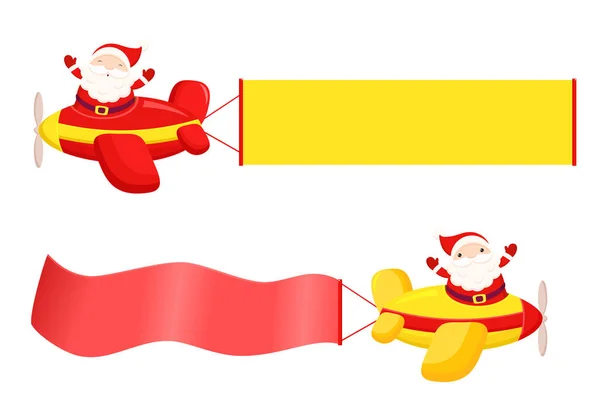 Julkort Affisch Banderoll Med Söt Jultomte Flygplan — Stock vektor