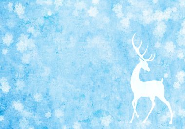Noel arkaplanı eski kağıt desenli mavi renk, kar taneleri ve geyik silueti. Tatlı, vahşi geyikli yatay xmas arkaplanı. Şablon oluşturun. Metin için alanı kopyala