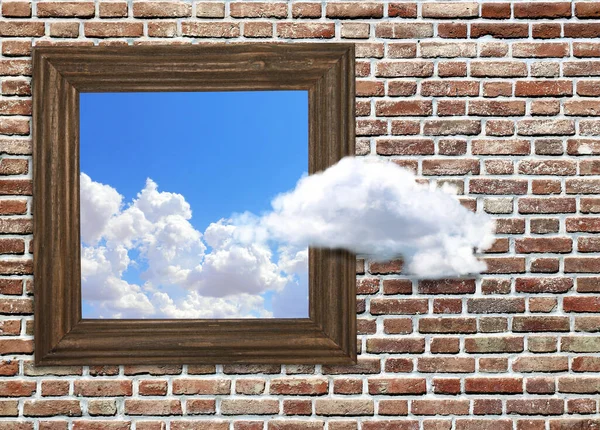 Gondolkozz Dobozon Kívül Képkeret Fotó Kék Felhők Téglafal Háttér Egy — Stock Fotó
