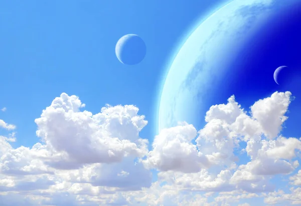 Horizontal Banner Fantastic Blue Sky White Clouds Three Planets Elements — Stock Photo, Image