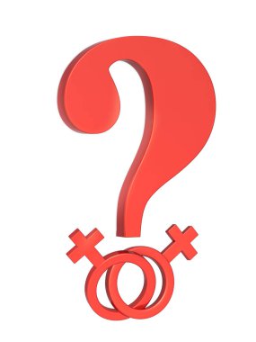 LGBT konsepti. İki kadın sembollü kırmızı soru işareti. Beyaz arka planda izole edilmiş. 3d hazırlayıcı
