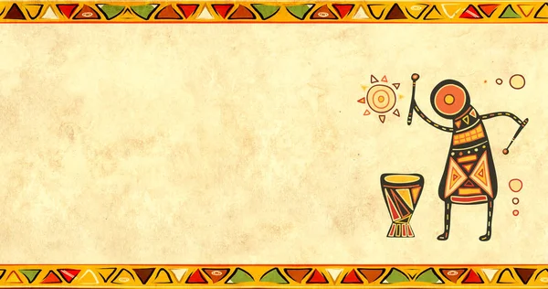 Horizontální Banner Hudebníkem Texturou Archivního Papíru Grunge Pozadí Africkými Tradičními — Stock fotografie