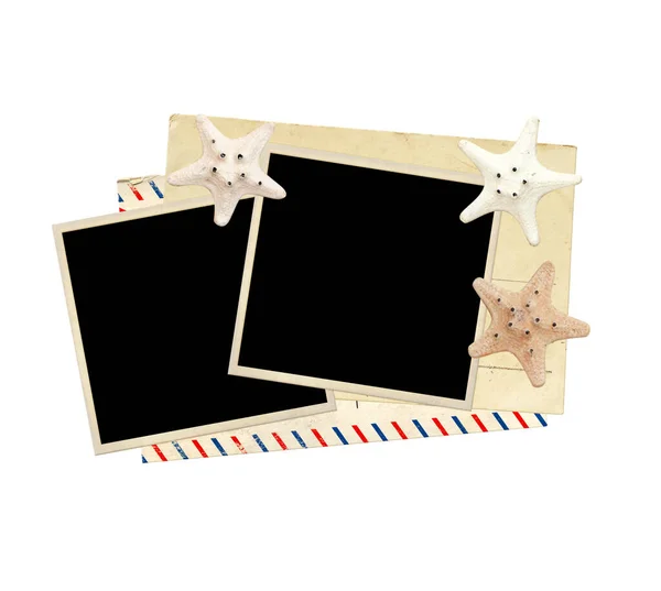 Twee Retro Foto Oude Ansichtkaart Zeester Vintage Envelop Geïsoleerd Witte — Stockfoto