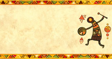 Müzisyen ve klasik kağıt dokusuyla yatay afiş. Geleneksel Afrika desenleri ve sarı kağıt desenli Grunge arkaplanı. Metnin için boşluk kopyala