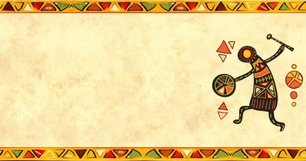 Horizontální Banner Hudebníkem Texturou Archivního Papíru Grunge Pozadí Africkými Tradičními — Stock fotografie