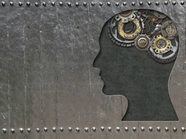 Yatay steampunk tarzı arka plan, insan kafası ve dişlilerden yapılmış beyin delikleri. Profil şekilli delik ve eski vitesler. Zihin gücü, psikoloji, akıl sağlığı konsepti