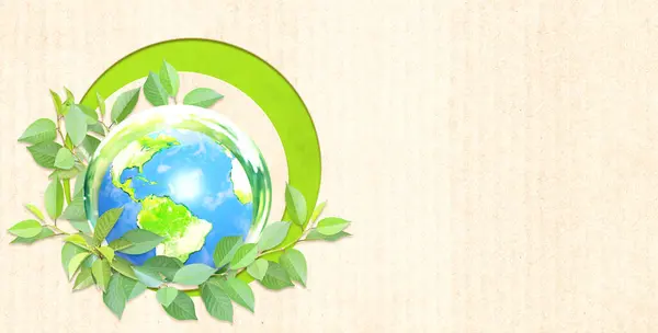 Earth Day Earth Glass Ball Green Leaves Cardboard Texture Ecology — Stock Photo, Image