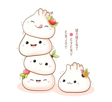 Kawaii usulü tatlı geleneksel Çin mantısı yığını. Geleneksel Japon yemekleri. Yazı her anın tadını çıkar. Tişört baskısı, çıkartma ve tebrik kartı olarak kullanılabilir. Vektör EPS8