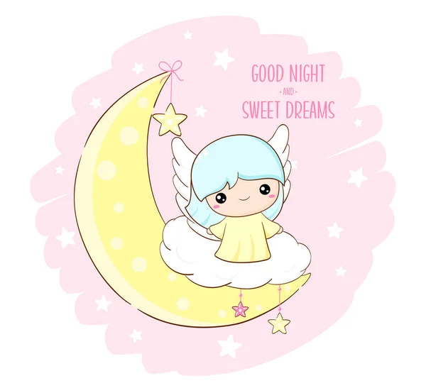 Lindo Ángel Navidad Luna Inscripción Buenas Noches Dulces Sueños Angelito — Vector de stock