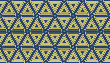 Vektör Dikişsiz geometrik desen. Üçgenler eğri çizgi. Duvar kağıdı, sunum arka plan, iç tasarım, moda baskı için. Mavi, koyu sarı renk