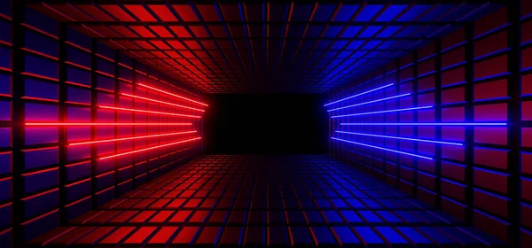 A dark corridor lit by colorful neon lights. Reflections on the floor and walls. Empty background in the center. 3d rendering image.