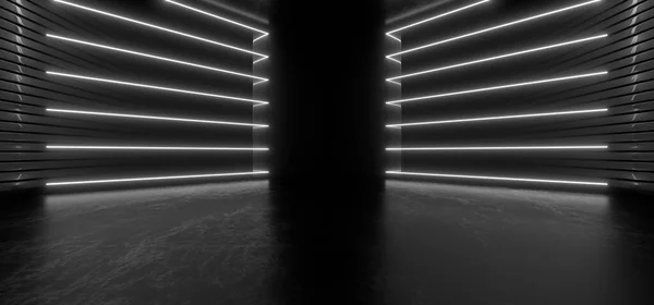 Dark hall with bright white neon lights. Empty black space for text. Blurry reflections on the floor. Abstract black background. 3D rendering image.