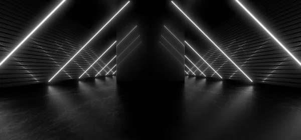 Dark hall with bright white neon lights. Empty black space for text. Blurry reflections on the floor. Abstract black background. 3D rendering image.