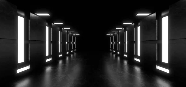 A dark corridor lit by white neon lights. Reflections on the floor and walls. Empty background in the center. 3d rendering image.