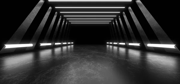 A dark corridor lit by white neon lights. Reflections on the floor and walls. Empty background in the center. 3d rendering image.