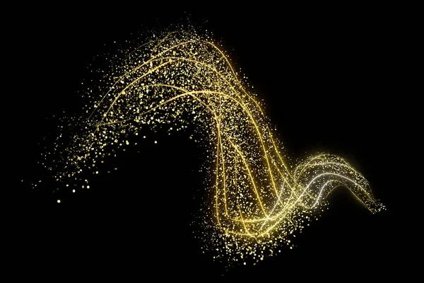 Round golden confetti or sparkles on a black background, with gold lines. 3d rendering image. Image isolated on black background.