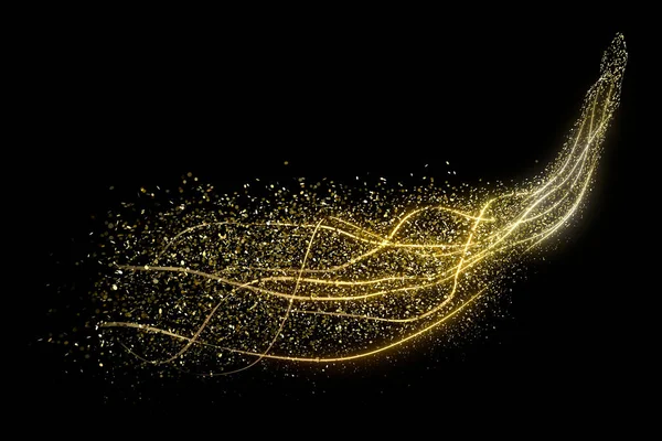 Round golden confetti or sparkles on a black background, with gold lines. 3d rendering image. Image isolated on black background.