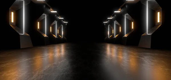 A dark corridor lit by colorful neon lights. Reflections on the floor and walls. Empty background in the center. 3d rendering image.