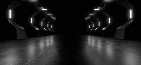 A dark corridor lit by white neon lights. Reflections on the floor and walls. Empty background in the center. 3d rendering image.