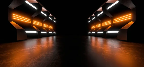 A dark corridor lit by colorful neon lights. Reflections on the floor and walls. Empty background in the center. 3d rendering image.