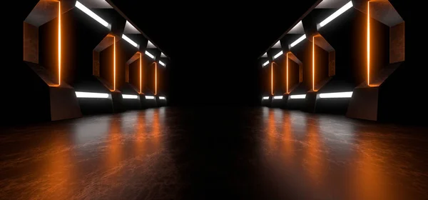 A dark corridor lit by colorful neon lights. Reflections on the floor and walls. Empty background in the center. 3d rendering image.