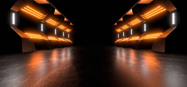 A dark corridor lit by colorful neon lights. Reflections on the floor and walls. Empty background in the center. 3d rendering image.