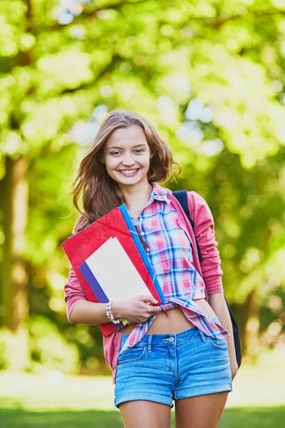 Cheerful Young Student Books Folders Campus Sunny Summer Fall Day — Stock Photo, Image