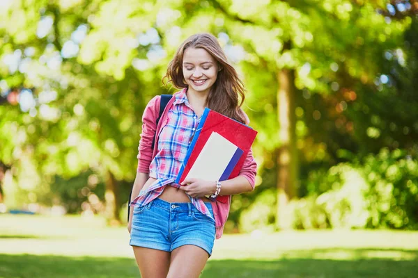 Cheerful Young Student Books Folders Campus Sunny Summer Fall Day — Stock Photo, Image