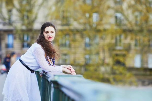 Young French Woman White Dress Bir Hakeim Bridge Paris France — Stock Photo, Image