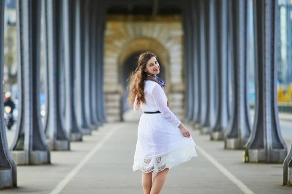 Young French Woman White Dress Bir Hakeim Bridge Paris France — Stock Photo, Image
