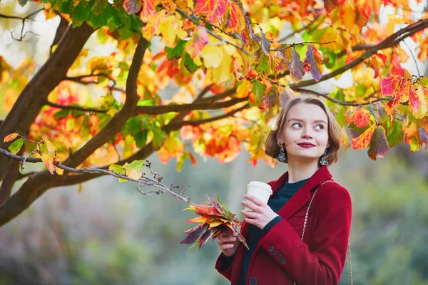 Beautiful Young Woman Bunch Colorful Autumn Leaves Walking Park Fall — Stock Photo, Image