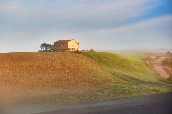 Scenic Tuscan Landscape Beautiful Fields Meadows Hills Morning Fogs San — Stock Photo, Image